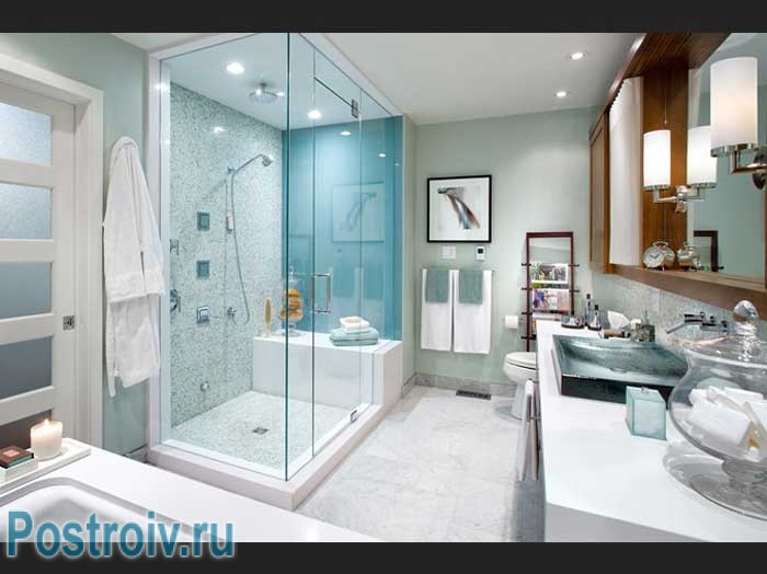 Как выбрать душевую кабину: большая стеклянная перегородка в ванной. Мозаика на стенах