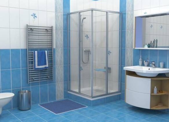 Белое синяя ванная комната с душевой кабинкой