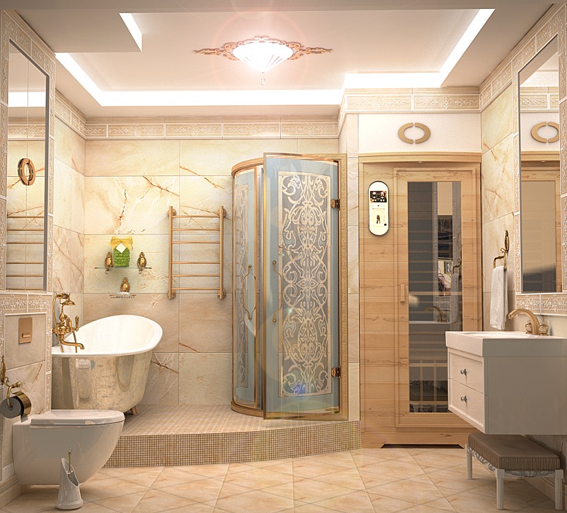 Дизайн комнаты совмещающей ванну и душевую кабину