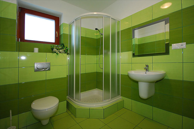 Зеленая ванная комната с душевой