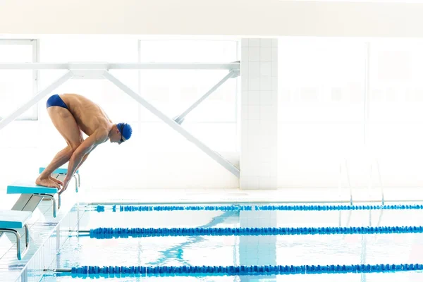 Молодые мускулистые пловец в нижнем положении на запуск блока в плавательный бассейн — стоковое фото