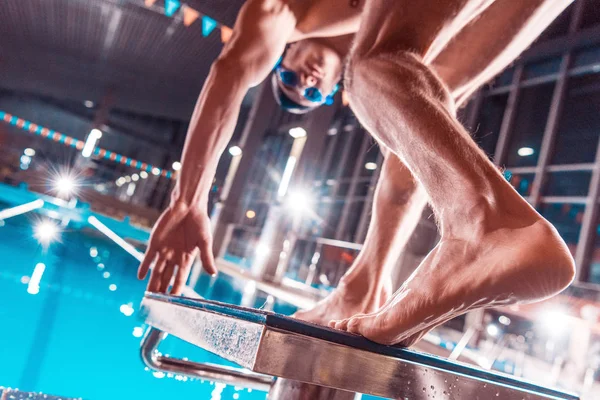 Bottom View Athletic Male Swimmer Jumping Competition Swimming Pool — стоковое фото